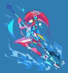  1girl amakusa_(hidorozoa) anklet barefoot bracelet closed_mouth green_eyes hand_up holding holding_weapon jewelry legs_together looking_at_viewer mipha red_skin smile solo tentacle_hair the_legend_of_zelda the_legend_of_zelda:_breath_of_the_wild weapon zora 