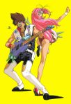  1boy 1girl 90s arm_up ass brown_hair green_eyes guitar headband high_heels highres holding instrument leg_up long_hair macross macross_7 mylene_jenius nekki_basara official_art oka_tatsuya open_mouth pink_hair round_eyewear simple_background standing wristband yellow_background yellow_eyes 