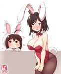  2girls :3 alternate_costume animal_costume animal_ears black_hair black_legwear blush bow bowtie breasts brown_hair bunny_costume bunny_girl bunny_tail bunnysuit cleavage dated detached_collar embarrassed fake_animal_ears hair_flaps headgear highres kanon_(kurogane_knights) kantai_collection large_breasts leotard logo multiple_girls pantyhose rabbit_ears red_eyes red_leotard shigure_(kantai_collection) short_hair signature simple_background strapless strapless_leotard tail wrist_cuffs yamashiro_(kantai_collection) younger 