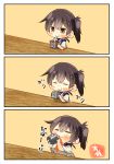  1girl 3koma absurdres artist_name blue_hakama blush brown_eyes brown_hair closed_eyes comic commentary drink drinking_straw hakama highres japanese_clothes kaga_(kantai_collection) kantai_collection side_ponytail sipping solo spilling taisa_(kari) translation_request tumbler yellow_background 