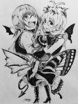  3girls antennae aozora_taf artist_name bare_arms bird_wings boots bow butterfly_wings capelet closed_mouth corset demon_tail dress eternity_larva eyebrows_visible_through_hair fangs from_behind greyscale hair_between_eyes hair_ornament hand_up hands_together hat hat_bow high_heels koakuma leaf_hair_ornament long_hair long_sleeves looking_at_viewer looking_back monochrome multiple_girls open_mouth pointy_ears short_hair simple_background skirt smile staring tail touhou traditional_media usami_renko wings 
