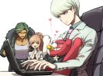  1girl 2boys bear blush brown_hair chair computer dangan_ronpa dangan_ronpa_3 dark_skin dark_skinned_male formal green_hair heart high_ponytail labcoat laptop lavender_eyes long_hair looking_at_another looking_down monotarou_(dangan_ronpa) multiple_boys munakata_kyousuke new_dangan_ronpa_v3 sakakura_juuzou scrunchie silver_hair simple_background sitting sitting_on_lap sitting_on_person suit typing white_background white_suit yellow_eyes youko-shima yukizome_chisa 