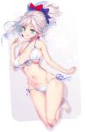  1girl artist_name bare_legs barefoot bikini blue_eyes bracelet breasts bright_pupils earrings eyebrows_visible_through_hair fate/grand_order fate_(series) folded_leg front-tie_top full_body hair_ornament halterneck hong_(white_spider) jewelry large_breasts looking_at_viewer lowleg lowleg_bikini miyamoto_musashi_(fate/grand_order) navel short_ponytail side-tie_bikini simple_background skindentation smile solo swimsuit unaligned_breasts white_bikini white_hair 