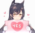  1girl animal_ears atago_(azur_lane) azur_lane black_hair blush breath brown_eyes closed_mouth commentary_request eyebrows_visible_through_hair gloves hair_between_eyes kuavera long_hair looking_at_viewer mole mole_under_eye signature smile solo white_gloves yes-no_pillow 