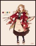  1girl :d akagi_shun black_border border brown_hair calligraphy_brush color_guide commentary_request dated grey_background hair_bun jacket japanese_clothes long_hair looking_at_viewer open_mouth original paintbrush platform_footwear red_eyes red_jacket signature simple_background smile solo standing 