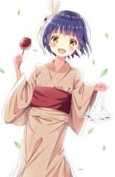  1girl alternate_costume bag bagged_fish blush candy_apple commentary_request eyebrows_visible_through_hair fish food fox_mask gochuumon_wa_usagi_desu_ka? goldfish highres japanese_clothes jouga_maya kimono long_sleeves looking_at_viewer mask obi open_mouth purple_hair sash satsuki_yukimi short_hair solo sui-95 wide_sleeves yellow_eyes yukata 