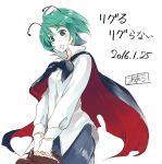  1girl :o antennae asutora bag black_cape blush breasts cape commentary_request cowboy_shot dated green_eyes green_hair handbag head_tilt holding holding_bag long_sleeves medium_breasts open_mouth shirt short_hair simple_background smile solo standing touhou translation_request v_arms white_background white_shirt wriggle_nightbug 