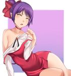  1girl aori_sora arm_support blush bow cat_girl commentary dress english_commentary fang fingernails gegege_no_kitarou hair_bow hair_bun leaning_to_the_side looking_at_viewer nekomusume nekomusume_(gegege_no_kitarou_6) off_shoulder parted_lips pointy_ears purple_background purple_hair red_bow red_dress sharp_fingernails shirt short_dress sitting slit_pupils solo strap_slip white_shirt yellow_eyes 