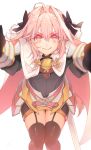  1boy armor armored_dress astolfo_(fate) black_gloves black_ribbon cape fate/apocrypha fate/grand_order fate_(series) garter_straps gloves hair_intakes hair_ribbon highres male_focus outstretched_arms pink_hair plackart ribbon saihate_(d3) thigh-highs thighs trap violet_eyes 