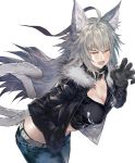  1girl ahoge animal_ears breasts cat_ears cat_tail character_request claws cleavage collar copyright_request denim fangs hand_in_pocket highres jacket jeans leather leather_jacket medium_breasts midriff multiple_tails pants solo tail tank_top tokopi white_background white_hair 