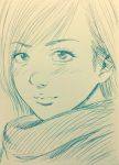  1girl face graphite_(medium) hatching_(texture) highres lee_(dragon_garou) lineart looking_at_viewer monochrome original scarf smile solo traditional_media 