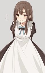  1girl apron bangs black_dress blue_neckwear blue_ribbon blunt_bangs blush brown_eyes brown_hair chisumi closed_mouth dress eyebrows_visible_through_hair flying_sweatdrops grey_background highres idolmaster idolmaster_cinderella_girls juliet_sleeves long_hair long_sleeves looking_at_viewer maid maid_apron mizumoto_yukari neck_ribbon puffy_sleeves ribbon simple_background smile solo standing tray upper_body 