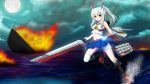  1girl afloat ayanami_(azur_lane) azur_lane clouds cloudy_sky commentary_request fire full_moon headgear holding horizon insider_(pix_insider) long_hair looking_at_viewer machinery moon navel night night_sky ocean pleated_skirt ponytail red_eyes school_uniform searchlight serafuku silver_hair sinking skirt sky solo sword turret weapon 