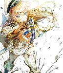  1girl absurdres asymmetrical_gloves blonde_hair blue_eyes brown_gloves eyebrows_visible_through_hair floating_hair gloves hair_between_eyes hat highres holding holding_sword holding_weapon long_hair looking_at_viewer military military_hat military_uniform original pants parted_lips saijou_haruki sheath solo standing sword uniform unsheathed very_long_hair weapon white_background white_hat white_pants 