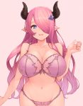  1girl :d arm_at_side bare_arms bare_shoulders blush bra breasts bright_pupils cleavage draph granblue_fantasy hair_ornament hair_over_one_eye hairpin hand_up highres horns huge_breasts koretsuki_azuma lingerie long_hair looking_at_viewer narmaya_(granblue_fantasy) navel open_mouth panties pink_background pink_bra pink_hair pink_panties shiny shiny_hair shiny_skin simple_background smile solo stomach tareme underwear very_long_hair violet_eyes 