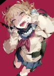 1girl blonde_hair blush boku_no_hero_academia dutch_angle karei looking_at_viewer messy_hair mouth_pull red_background short_hair sleeves_past_wrists sweater toga_himiko yellow_eyes