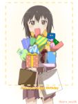  1girl bag box brown_eyes brown_hair censored censored_food commentary_request dated english funami_yui gift gift_bag gift_box handbag happy_birthday highres looking_at_viewer nanamori_school_uniform ren_kon ribbon school_uniform serafuku short_hair solo striped twitter_username yuru_yuri 