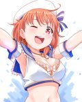 1girl armpits beret breasts cleavage hat jewelry kanabun love_live! love_live!_sunshine!! midriff necklace one_eye_closed open_mouth orange_hair red_eyes simple_background solo takami_chika 