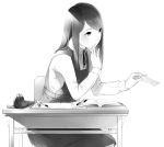  1girl book chair collared_shirt desk dress eraser eyebrows_visible_through_hair greyscale hand_up highres holding letter long_hair long_sleeves monochrome neck_ribbon notebook original pen pencil ribbon school_desk school_uniform shirt simple_background sitting solo sousou_(sousouworks) whispering white_background wing_collar 