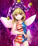  1860_(ichi) 1girl alternate_costume american_flag_swimsuit arm_up blonde_hair breasts clownpiece collarbone contrapposto cowboy_shot drop_shadow eyebrows_visible_through_hair fairy_wings fang hair_between_eyes hat highres jester_cap looking_at_viewer one-piece_swimsuit open_mouth purple_background red_eyes short_hair small_breasts solo standing swimsuit touhou wings 
