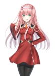  1girl :q absurdres black_legwear cowboy_shot darling_in_the_franxx dress eyebrows_visible_through_hair floating_hair green_eyes hairband hand_on_hip highres kichi_(kichifav) long_hair looking_at_viewer necktie orange_neckwear pantyhose pink_hair red_dress short_dress short_necktie simple_background solo standing tongue tongue_out very_long_hair white_background white_hairband zero_two_(darling_in_the_franxx) 