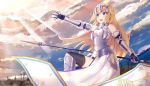  1girl :d armor armored_dress black_legwear blonde_hair blue_eyes blurry clouds cloudy_sky commentary_request depth_of_field fate/apocrypha fate_(series) flagpole gauntlets headpiece holding jeanne_d&#039;arc_(fate) jeanne_d&#039;arc_(fate)_(all) long_hair mobu_(wddtfy61) open_mouth sky smile solo thigh-highs twilight v-shaped_eyebrows wind 