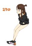  1girl alternate_costume bare_legs brown_hair casual collarbone from_side full_body hands_in_pockets hood hoodie kagari_atsuko kengo legs little_witch_academia long_hair long_sleeves nike red_eyes shoes sidelocks simple_background sitting sneakers white_background 
