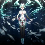  1girl absurdly_long_hair aqua_hair barefoot black_legwear black_panties breasts bubble cleavage detached_sleeves eyebrows_visible_through_hair fish floating_hair full_body geduan green_eyes hair_between_eyes hair_ornament hatsune_miku highres long_hair medium_breasts midriff miku_append navel open_mouth panties solo stomach thigh-highs twintails underwater underwear very_long_hair vocaloid vocaloid_append 