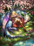  1girl animal arisa_(shadowverse) arm_up arrow black_gloves blonde_hair blue_flower blue_shirt boots bow_(weapon) breasts brown_footwear brown_legwear cape closed_eyes closed_mouth commentary_request day dragon elbow_gloves elf flower gloves grass hair_ribbon highres long_hair medium_breasts nima_(niru54) on_grass outdoors parted_lips petals petals_on_water pink_flower pointy_ears quiver red_cape red_ribbon ribbon scales shadowverse shirt skirt sleeping sleeveless sleeveless_shirt solo thigh-highs thigh_boots very_long_hair water weapon white_skirt 