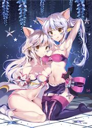  2girls :q animal_ears armpits bangs bare_arms bare_shoulders black_footwear black_legwear black_skirt blush boots breasts brown_eyes character_request cleavage closed_mouth collarbone commentary_request constellation dress elsword eyebrows_visible_through_hair facial_mark hair_between_eyes kneeling korean_commentary long_hair medium_breasts multiple_girls navel pinb signature silver_hair sitting skirt smile star strapless strapless_dress thigh-highs thigh_boots tile_floor tiles tongue tongue_out tubetop very_long_hair wariza white_dress white_footwear 