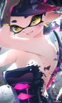  +_+ 1girl aori_(splatoon) arm_up armpit_crease bangs bare_shoulders black_dress black_gloves black_hair blurry breasts collarbone depth_of_field dress earrings fishnet_gloves fishnets gloves gradient_hair grin highres hoop_earrings jewelry kashu_(hizake) long_hair looking_at_viewer mole mole_under_eye monster_girl multicolored_hair pink_hair pointy_ears shiny shiny_clothes shiny_hair short_eyebrows signature small_breasts smile solo splatoon splatoon_1 strapless strapless_dress swept_bangs tentacle_hair upper_body yellow_eyes 