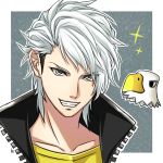  1boy apollo_(doubutsu_no_mori) bird black_hair doubutsu_no_mori male_focus multicolored_hair personification portrait solo sparkle teeth two-tone_hair white_hair yellow_eyes 