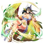  1girl black_hair blue_dress breasts closed_mouth dress erect_nipples green_wings hair_between_eyes hand_up huge_breasts invisible_chair kagiyama_(gen&#039;ei_no_hasha) legband legs_crossed long_hair looking_at_viewer navel original panties sandals sash simple_background sitting smile solo underwear violet_eyes white_background white_panties wings 