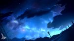  alu.m_(alpcmas) blue clouds dark dutch_angle hill night night_sky no_humans original radio_tower railing road scenery shooting_star signature sky star_(sky) starry_sky street tree 