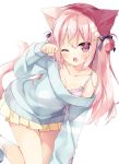  1girl ;o all_fours animal_ears bow bra cat_ears cat_tail commentary_request double_bun hair_bow hair_ornament hair_ribbon hairclip hoshi_(snacherubi) kneehighs long_hair looking_at_viewer one_eye_closed original paw_pose pink_bra pink_eyes pink_hair pleated_skirt ribbon simple_background skirt solo sweater tail underwear white_background white_legwear 