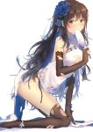  1girl alternate_costume arm_support ass bangs bare_shoulders black_hair blue_ribbon blush breasts bridal_gauntlets brown_eyes brown_gloves brown_legwear china_dress chinese_clothes cleavage covered_mouth damaged dress eyebrows_visible_through_hair fan flower garter_straps girls_frontline gloves hair_between_eyes hair_flower hair_ornament hairband holding holding_fan katee kneeling lace lace-trimmed_thighhighs large_breasts leaning_forward leg_ribbon long_hair looking_at_viewer messy_hair mole mole_under_eye panties paper_fan pelvic_curtain pumps qbz-95_(girls_frontline) ribbon side-tie_panties sidelocks simple_background solo thigh-highs thighs torn_clothes uchiwa underwear very_long_hair white_background white_footwear white_panties white_ribbon wide_sleeves wrist_ribbon 