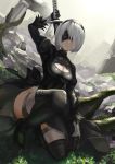  black_dress black_hairband blindfold boots cleavage_cutout covered_eyes dress facing_viewer feather-trimmed_sleeves grass hairband high_heel_boots high_heels highres holding holding_sword holding_weapon juliet_sleeves leotard long_sleeves mole mole_under_mouth nier_(series) nier_automata one_knee pillar pink_lips puffy_sleeves ribbed_dress riko_(ccllnnhh) ruins silver_hair squatting sword sword_behind_back thigh-highs thigh_boots thighhighs_under_boots thighs vambraces weapon white_leotard yorha_no._2_type_b 
