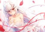  1girl blush breasts bridal_gauntlets brown_eyes choker cleavage collarbone crying crying_with_eyes_open dress dsmile eyebrows_visible_through_hair floating_hair flower hair_between_eyes hair_flower hair_ornament hairclip highres horns jewelry large_breasts long_hair original red_petals red_ribbon ribbon ring shiny shiny_skin silver_hair sleeveless sleeveless_dress solo strapless tears very_long_hair wedding_dress white_dress white_flower 