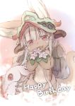  1girl :3 animal_ears blush eyebrows_visible_through_hair flower happy_birthday holding holding_flower long_hair looking_at_viewer made_in_abyss mitty_(made_in_abyss) nanachi_(made_in_abyss) open_mouth rabbit_ears red_eyes sketch smile solo tail tsukushi_akihito white_hair 