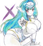  1girl android blue_hair breasts commentary_request curvy female forehead_protector kos-mos large_breasts long_hair red_eyes solo xenosaga 