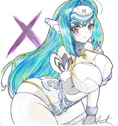  1girl android blue_hair breasts commentary_request curvy female forehead_protector kos-mos large_breasts long_hair red_eyes solo xenosaga 