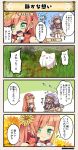  &gt;_&lt; 4koma blue_hair brown_hair comic commentary_request delphinium_(flower_knight_girl) flower flower_knight_girl grass green_eyes hair_flower hair_ornament hair_ribbon hairband kagami_(flower_knight_girl) kinsenka_(flower_knight_girl) long_hair open_mouth orange_hair ribbon short_hair tagme translation_request twintails veil 