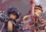  1boy 1girl absurdres blonde_hair blush brown_gloves brown_hair eyebrows_visible_through_hair glasses gloves green_eyes helmet highres huge_filesize looking_at_viewer made_in_abyss navel official_art open_mouth pith_helmet regu_(made_in_abyss) riko_(made_in_abyss) scan short_hair smile teeth tsukushi_akihito twintails whistle whistle_around_neck yellow_eyes 