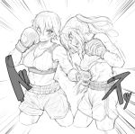  2girls abs bike_shorts boxing boxing_gloves copyright_request fighting_stance gloves monochrome multiple_girls muscle nexas punching short_hair shorts sports_bra tank_top twintails 