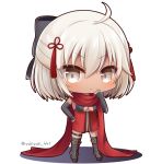  1girl :&lt; ahoge arm_grab armored_boots bangs black_bow black_footwear blush boots bow breasts brown_eyes chibi closed_mouth dark_skin dress eyebrows_visible_through_hair fate/grand_order fate_(series) hair_between_eyes hair_bow hair_ornament hand_up knee_boots koha-ace large_breasts light_brown_hair long_hair looking_at_viewer okita_souji_(alter)_(fate) okita_souji_(fate)_(all) red_dress red_scarf scarf solo tassel v-shaped_eyebrows white_background yukiyuki_441 