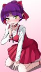  1girl :p bangs blunt_bangs blush bow choker commentary_request dress gegege_no_kitarou gradient gradient_background hair_bow highres kayama_kenji kneeling looking_to_the_side nekomusume nekomusume_(gegege_no_kitarou_6) pink_background pointy_ears purple_hair red_bow red_choker red_dress short_hair solo tongue tongue_out yellow_eyes 