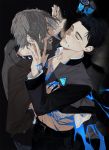  2boys beard black_hair blood blood_on_chest blood_on_face blue_blood connor_(detroit) crying detroit:_become_human facial_hair grey_hair hand_on_another&#039;s_chest hank_anderson highres jacket multiple_boys open_clothes open_jacket sideways tears yulim0 