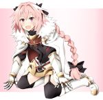  1boy astolfo_(fate) bangs boots braid fang fate/apocrypha fate/grand_order fate_(series) garter_straps gloves gudon_(iukhzl) knee_boots kneeling long_hair looking_at_viewer multicolored_hair open_mouth pink_background pink_eyes pink_hair ribbon skirt smile solo thigh-highs two-tone_hair 