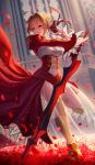  1girl aestus_estus ahoge blonde_hair breasts cleavage epaulettes fate/extra fate_(series) green_eyes hair_ribbon highres holding holding_sword holding_weapon long_sleeves looking_to_the_side nero_claudius_(fate) nero_claudius_(fate)_(all) petals red_ribbon ribbon short_hair sion_(9117) solo standing standing_on_one_leg sword weapon 