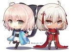  2girls :&lt; :d ahoge arm_grab armored_boots bangs black_bow black_footwear black_legwear blush boots bow breasts brown_eyes chibi cleavage closed_mouth commentary_request dark_skin dress eyebrows_visible_through_hair fate/grand_order fate_(series) hair_between_eyes hair_bow hair_ornament hand_up haori japanese_clothes kimono knee_boots koha-ace large_breasts light_brown_hair long_sleeves multiple_girls okita_souji_(alter)_(fate) okita_souji_(fate) okita_souji_(fate)_(all) open_mouth red_dress red_scarf scarf shadow sleeveless sleeveless_kimono smile standing standing_on_one_leg stirrup_legwear tassel thigh-highs toeless_legwear v v-shaped_eyebrows white_background white_kimono wide_sleeves yukiyuki_441 